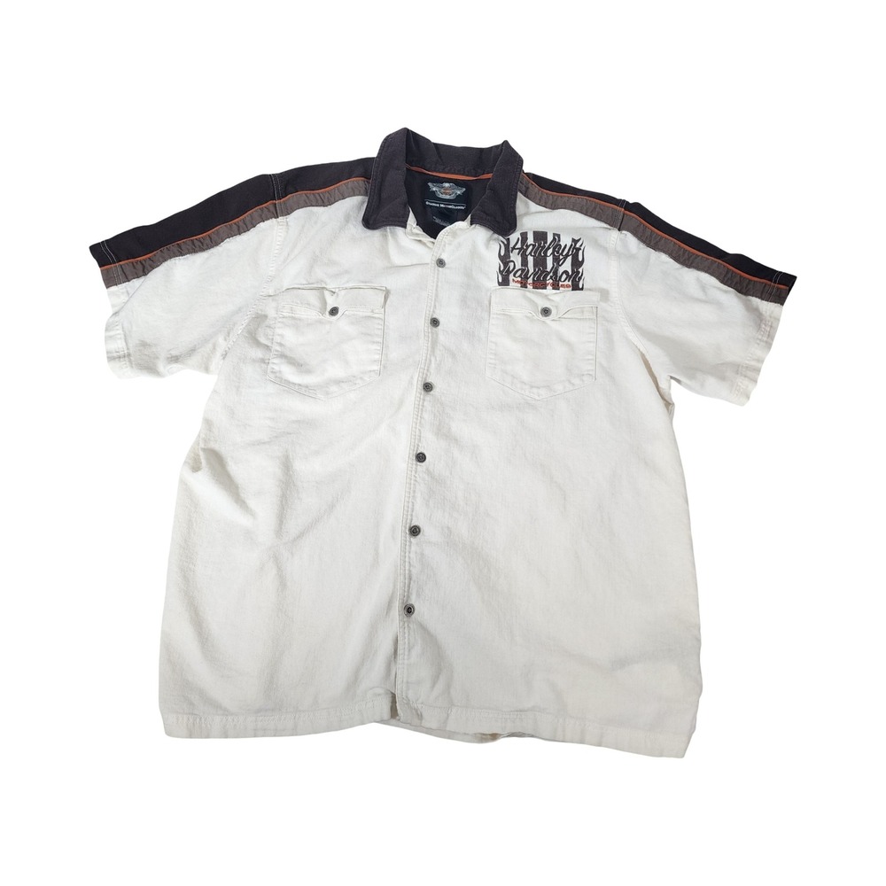 Harley-Davidson Mens 3XL Linen Cotton Embroidered Biker Button‎ Up Shirt Cream